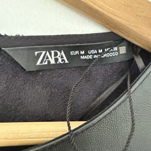 ZARA Ruffled Tiered Faux Leather Babydoll 3/4 Puff Sleeve Top Black Size Medium - Picture 5 of 8